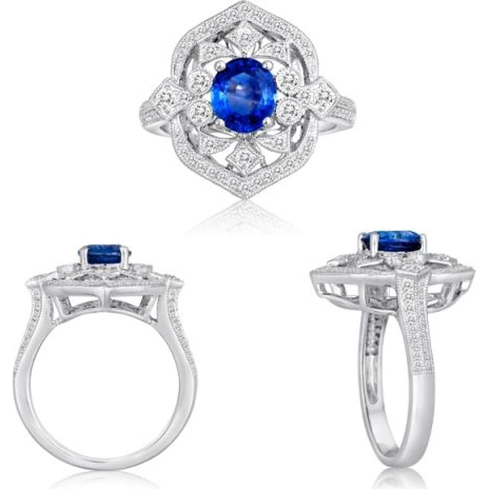 Roman & Jules - 18K White Gold Oval Sapphire Ring with Round Diamond Halo - 0.53 Carat Total Diamond Weight