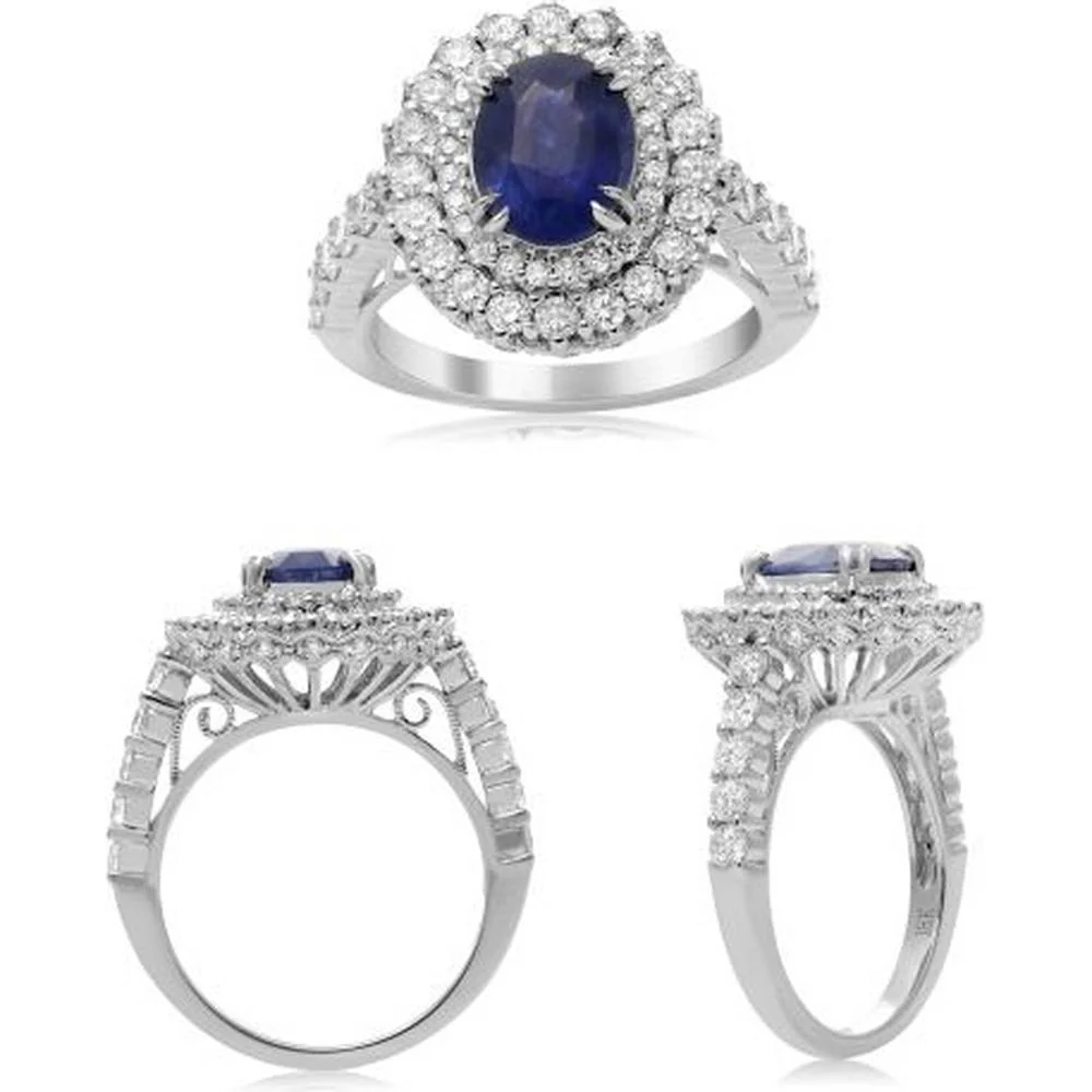 Roman & Jules - 18K White Gold Oval Sapphire Ring with Round Diamond Halo - 2.51 Carat Sapphire, 1.42 Carat Total Diamond Weight