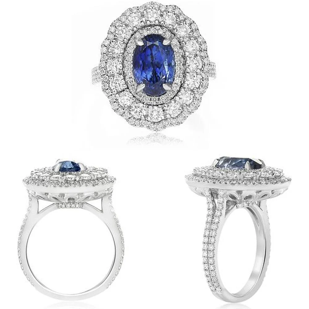Roman & Jules - 18K White Gold Oval Sapphire Ring with Round Diamond Halo - 4.12 Carat Sapphire, 1.71 Carat Diamond Total Weight