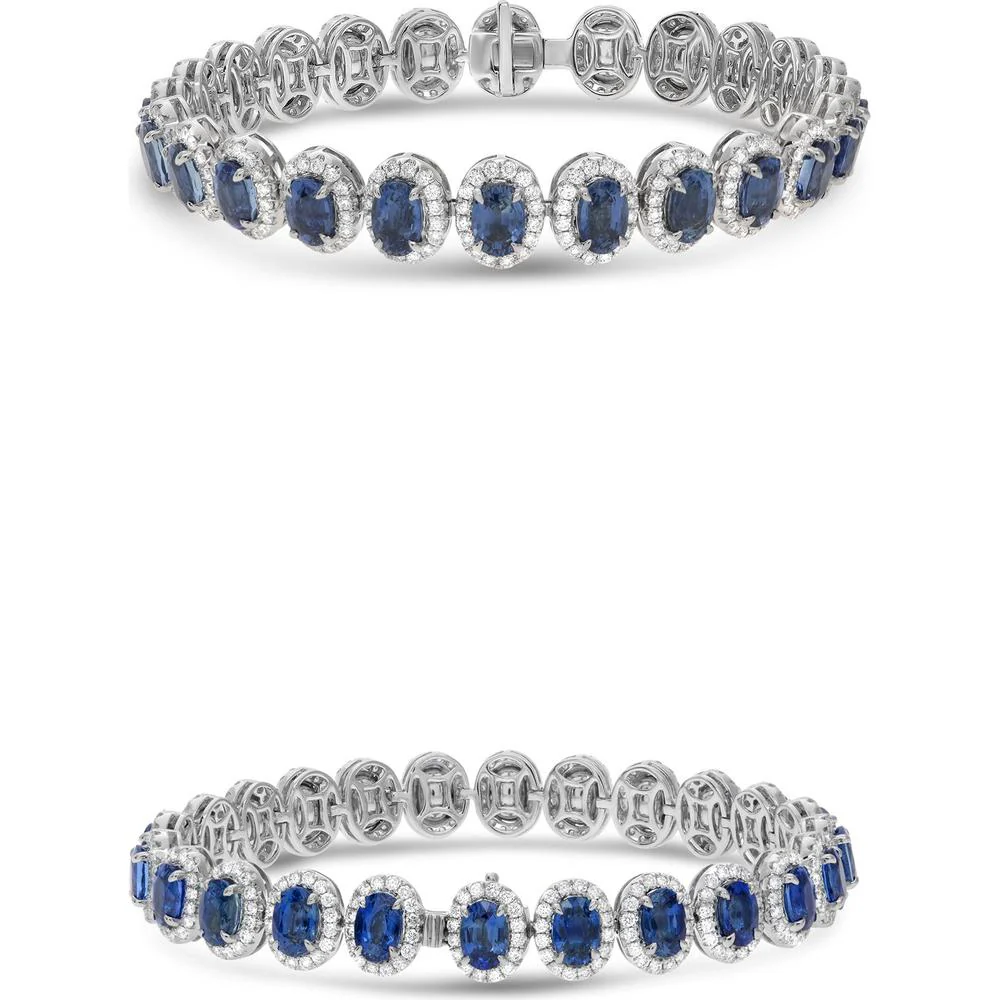 Roman & Jules - 18K White Gold Oval Sapphire Tennis Bracelet with Halo Round Diamonds - 2.82 Carat Total Diamond Weight