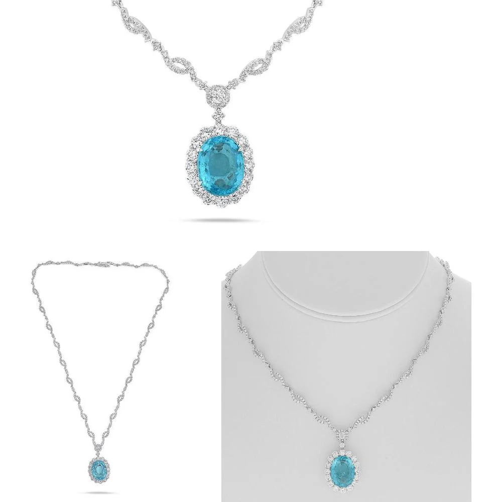 Roman & Jules - 18K White Gold Paraiba Blue Tourmaline Necklace with 4.77 Carat Round Diamonds - 8.80 Carat Total Paraiba Tourmaline Weight