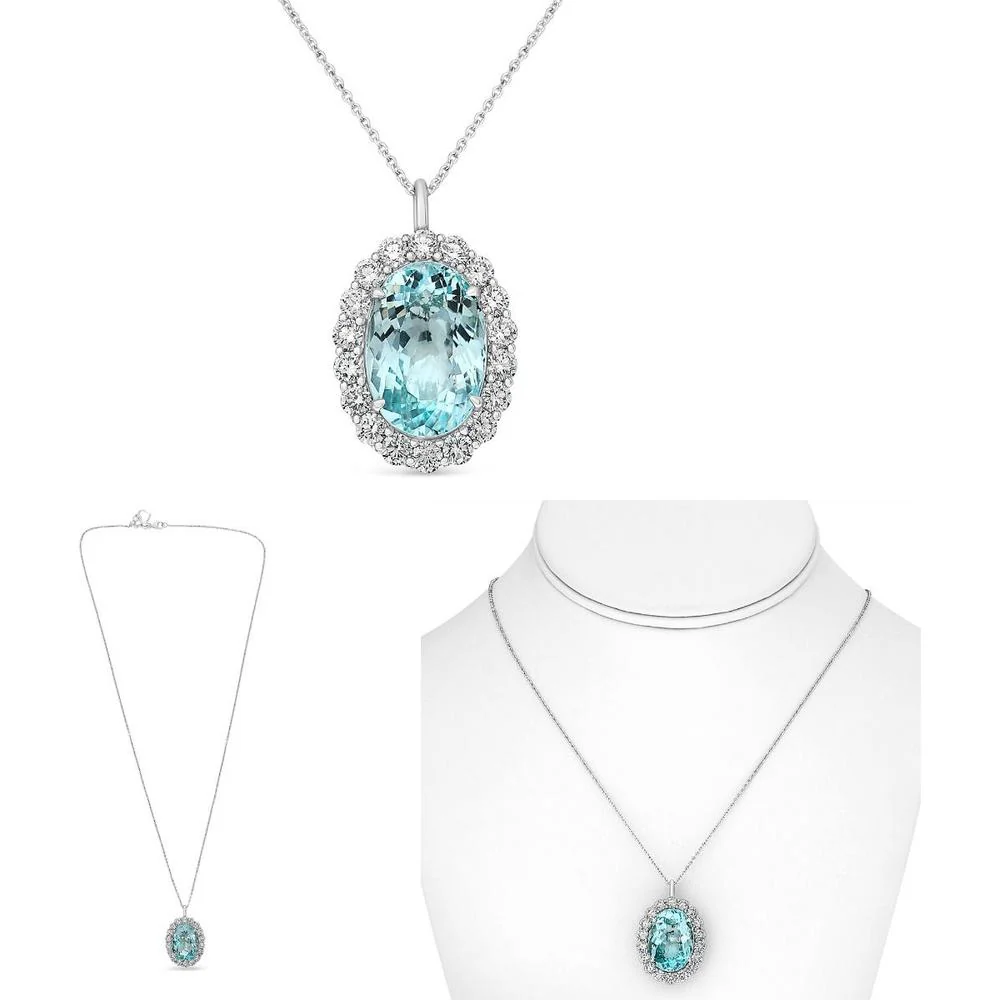 Roman & Jules - 18K White Gold Paraiba Tourmaline Halo Necklace with Round Diamonds - 2.24 Carat Total Diamond Weight