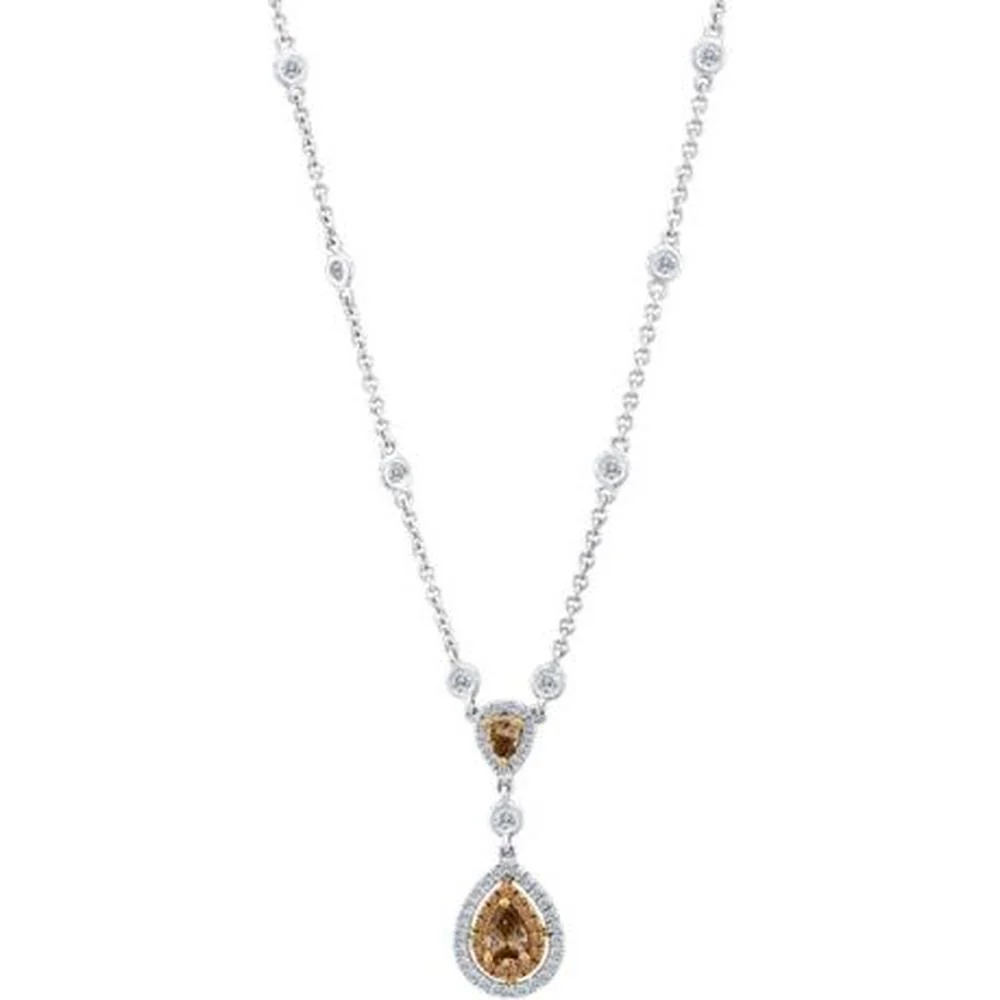 Roman & Jules - 18K White Gold Pear Shape Champagne Diamond Necklace with Double Halo Round Diamonds - 0.79 Carat Total Diamond Weight