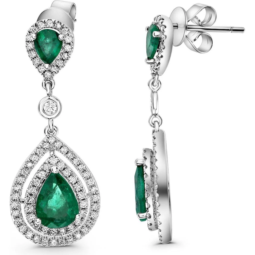 Roman & Jules - 18K White Gold Pear-Shape Emerald and Diamond Double-Halo Drop Earrings - 0.58 Carat Emerald and 0.68 Carat Diamond Total Weight