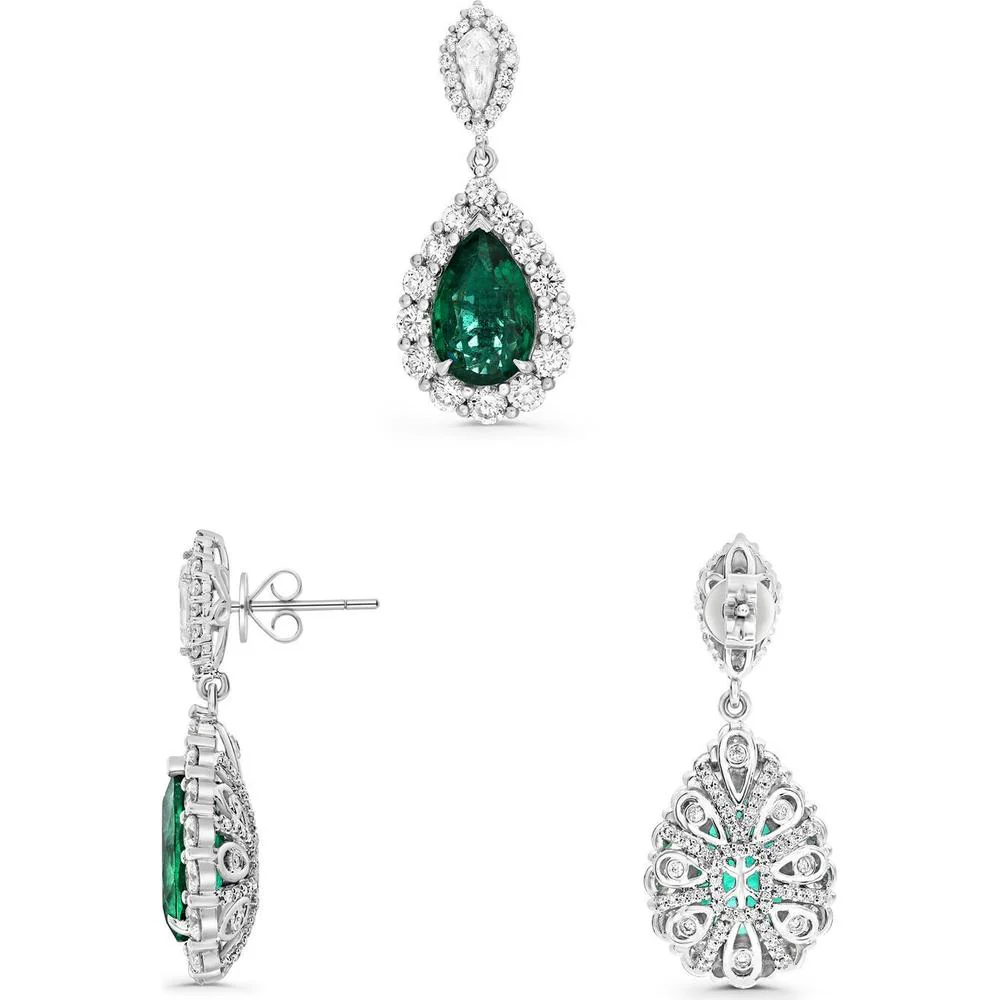 Roman & Jules - 18K White Gold Pear Shape Emerald and Round Diamond Drop Earrings - 3.36 Carat & 3.39 Carat Emeralds, 3.49 Carat Diamonds