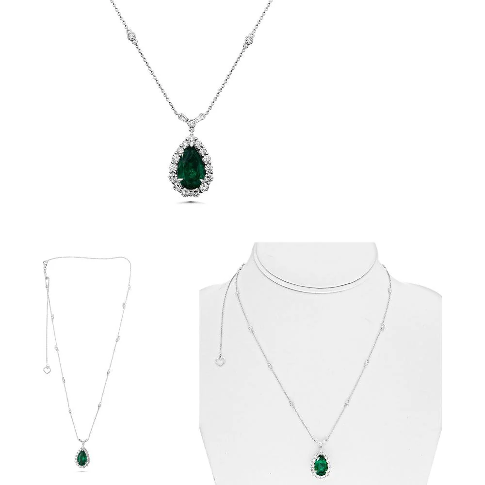 Roman & Jules - 18K White Gold Pear-Shape Emerald Necklace with 3.91 Carat GIA Emerald and 1.41 Carat Diamond Halo