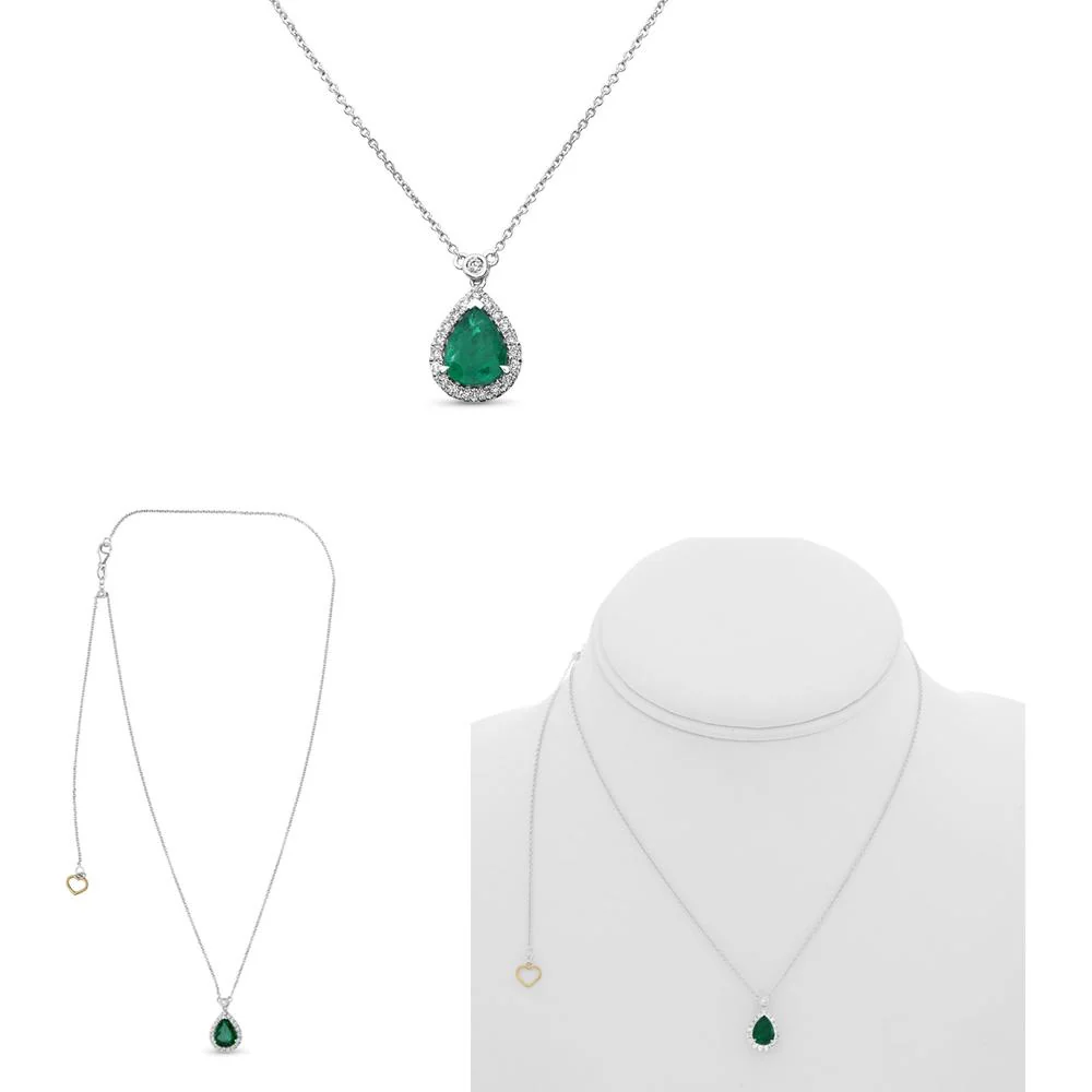 Roman & Jules - 18K White Gold Pear Shape Emerald Necklace with Diamond Halo - 0.80 Carat Emerald Weight, 0.22 Carat Diamond Weight