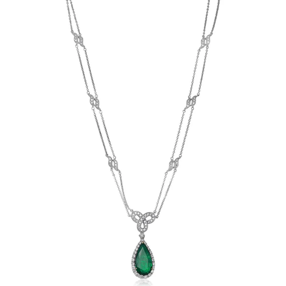 Roman & Jules - 18K White Gold Pear Shape Emerald Necklace with Diamond Halo - 3.08 Carat Emerald, 1.15 Carat Total Diamond Weight