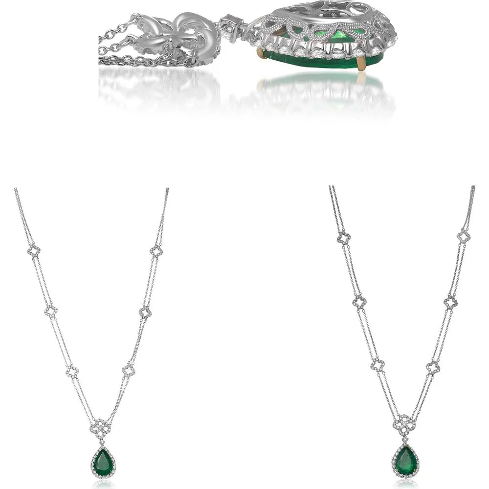 Roman & Jules - 18K White Gold Pear-Shape Emerald Necklace with Diamond Halo - 4.23 Carat Emerald and 1.71 Carat Round Diamonds