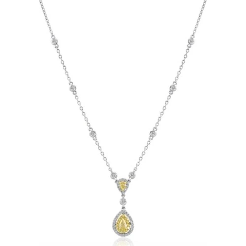 Roman & Jules - 18K White Gold Pear Shape Fancy Yellow Diamond Necklace with Round Diamonds - 1.36 Carat Total Diamond Weight