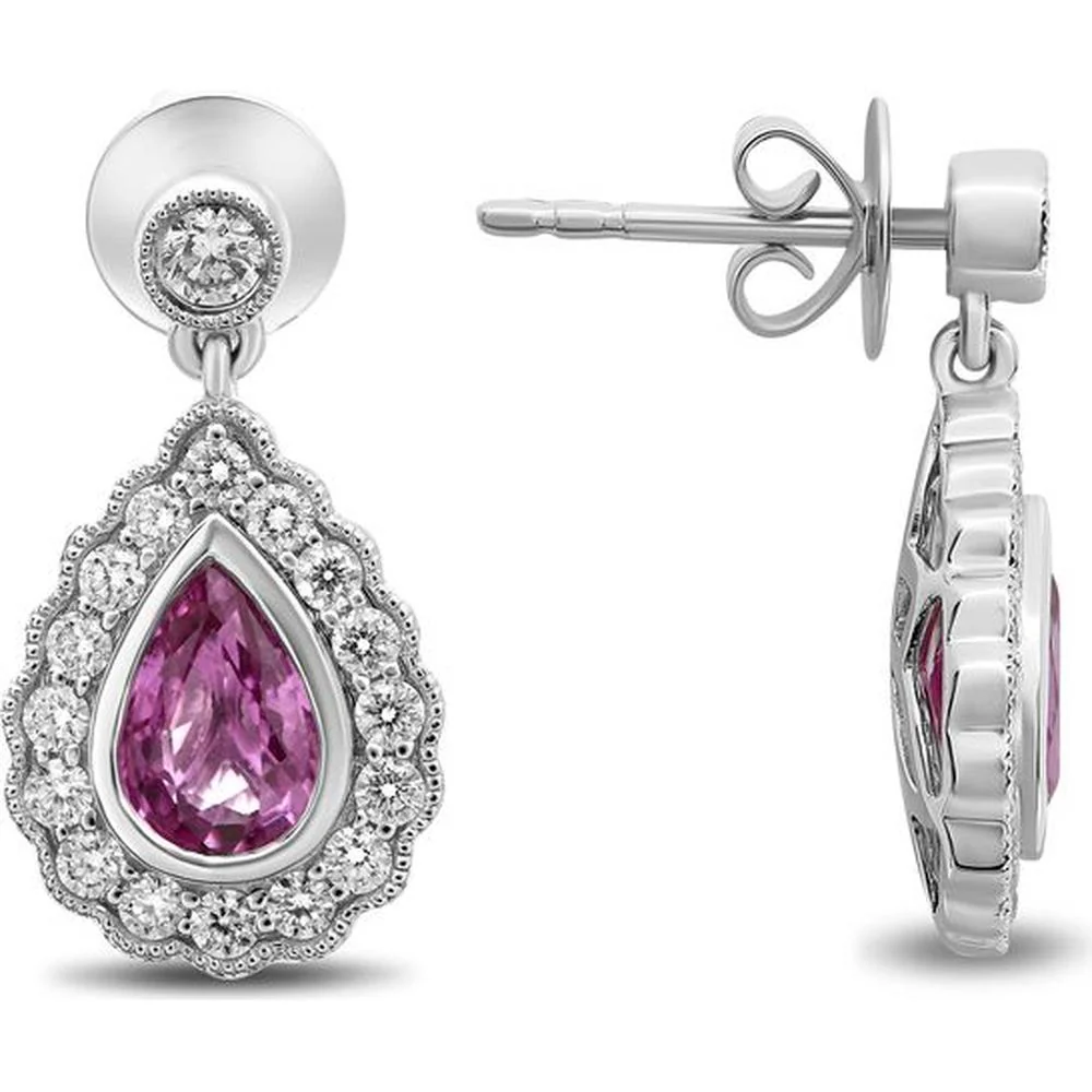 Roman & Jules - 18K White Gold Pear-Shape Pink Sapphire and 0.58 Carat Diamond Halo Earrings - 1.64 Carat Total Sapphire Weight