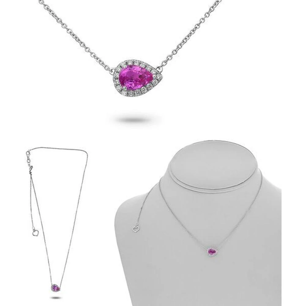 Roman & Jules - 18K White Gold Pear Shape Pink Sapphire Necklace with Diamond Halo - 0.14 Carat Total Diamond Weight