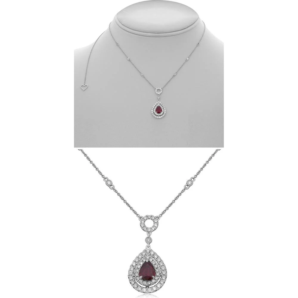 Roman & Jules - 18K White Gold Pear Shape Ruby Necklace with Diamond Halo - 0.84 Carat Total Diamond Weight