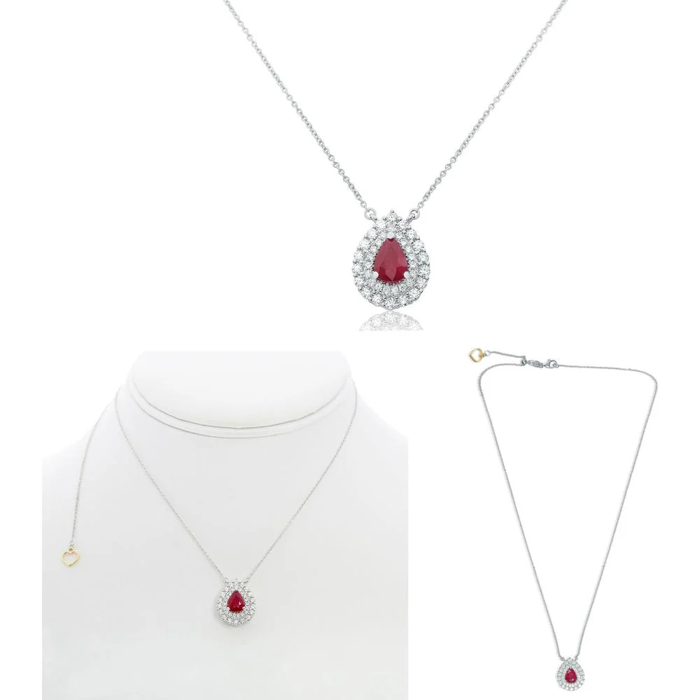 Roman & Jules - 18K White Gold Pear Shape Ruby Necklace with Diamond Halo - 1.47 Carat Ruby, 0.72 Carat Total Diamond Weight