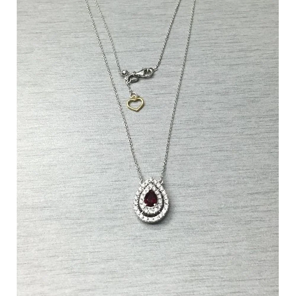 Roman & Jules - 18K White Gold Pear Shape Ruby Necklace with Double Diamond Halo - 0.70 Carat Ruby & 0.58 Carat Diamond Total Weight