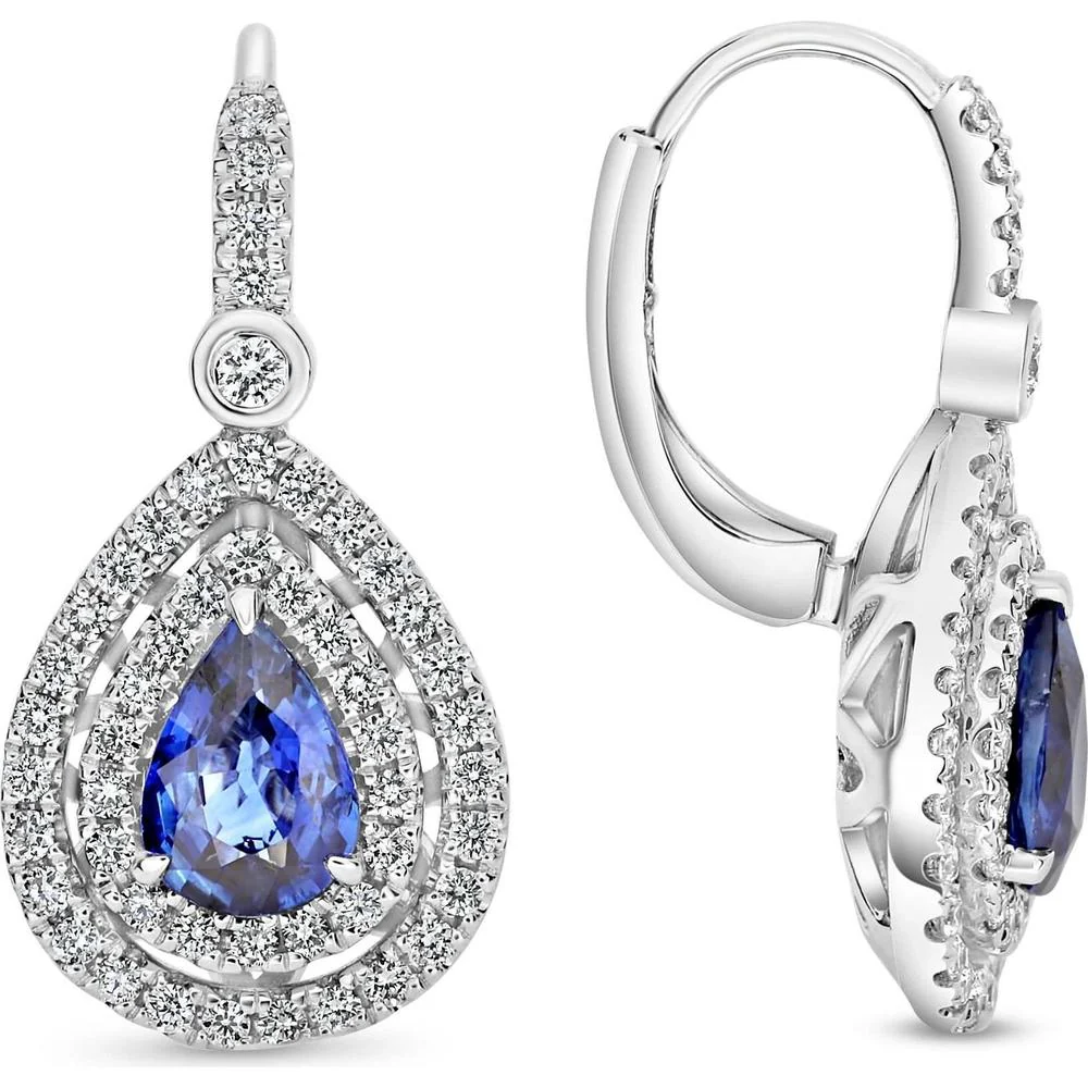 Roman & Jules - 18K White Gold Pear Shape Sapphire and Round Diamond Drop Earrings - 1.22 Carat Total Sapphire and Diamond Weight