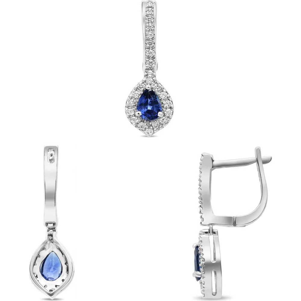 Roman & Jules - 18K White Gold Pear Shape Sapphire Earrings with Diamond Halo - 1.02 Carat Total Sapphire Weight