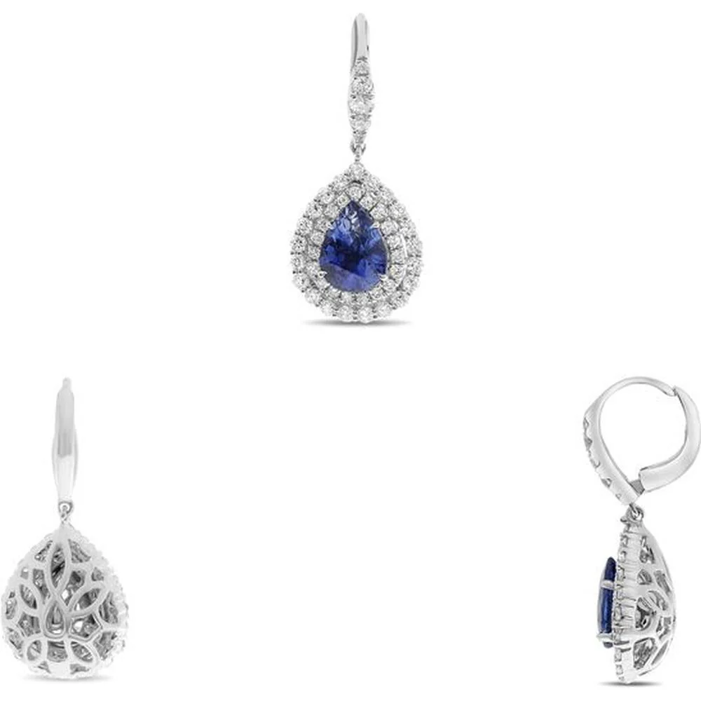 Roman & Jules - 18K White Gold Pear Shape Sapphire Earrings with Diamond Halo - 2.23 Carat Total Sapphire Weight