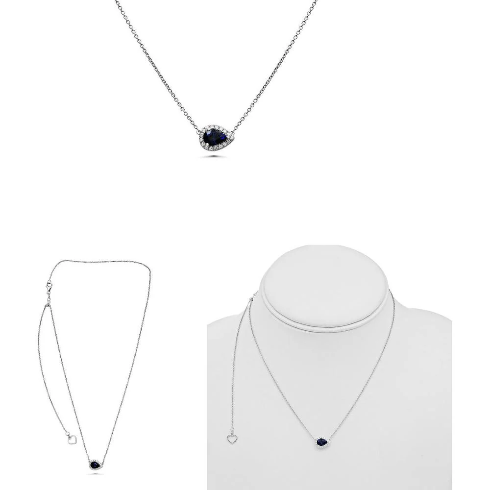 Roman & Jules - 18K White Gold Pear Shape Sapphire Necklace with Round Diamond Halo - 0.82 Carat Sapphire, 0.14 Carat Diamond