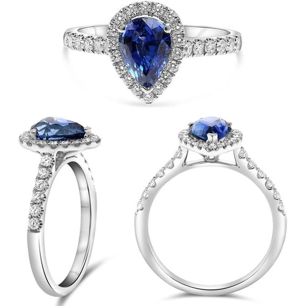Roman & Jules - 18K White Gold Pear Shape Sapphire Ring with Diamond Halo - 1.64 Carat Sapphire, 0.35 Carat Round Diamond Total Weight