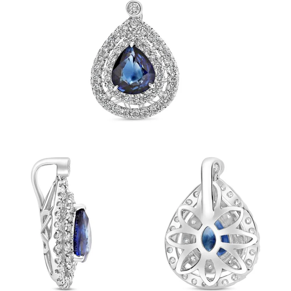 Roman & Jules - 18K White Gold Pear-Shaped Blue Sapphire and Round Diamond Split Halo Pendant - 0.70 Carat Sapphire, 0.21 Carat Diamond