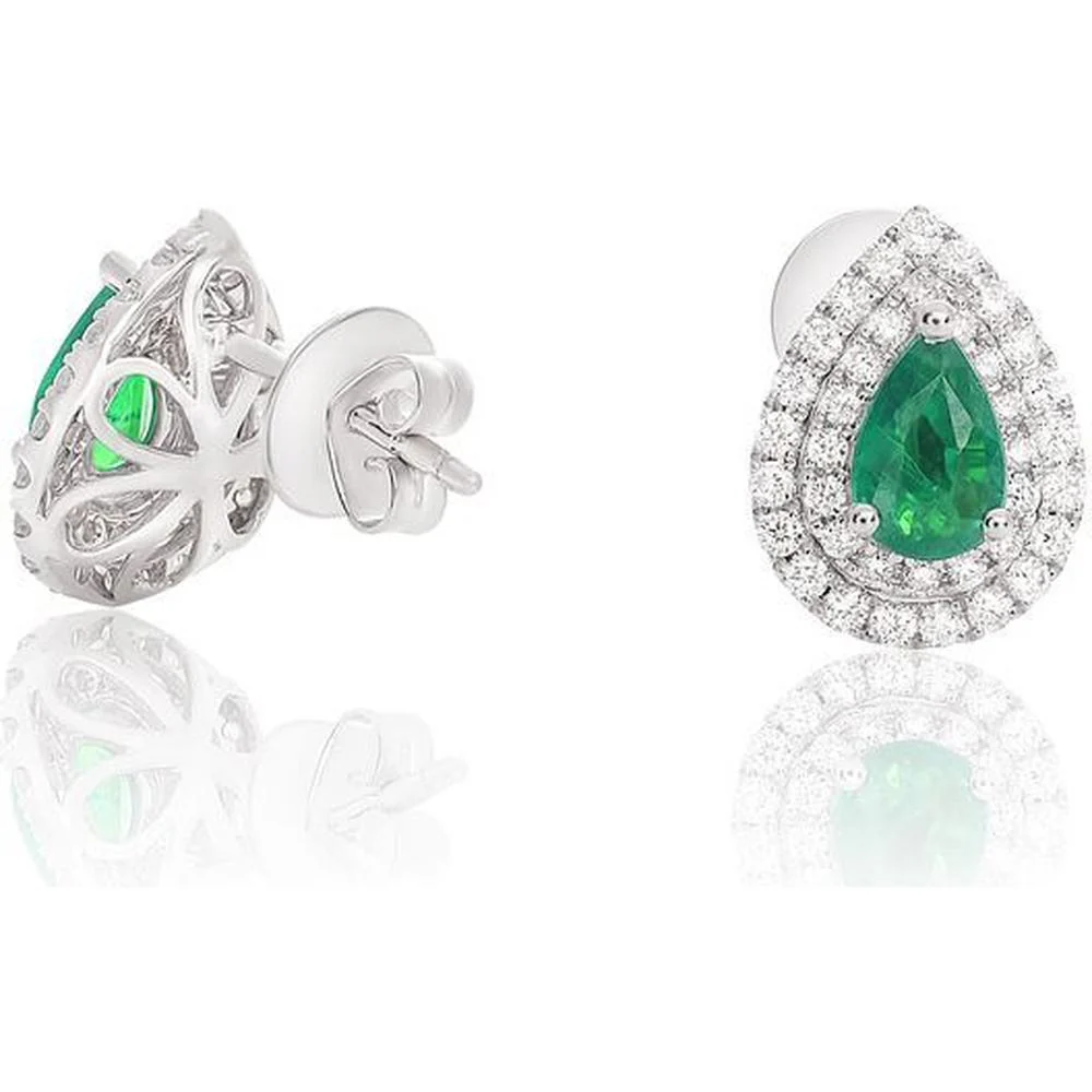 Roman & Jules - 18K White Gold Pear-Shaped Emerald and 0.46 Carat Diamond Double Halo Stud Earrings - 0.80 Carat Total Emerald Weight