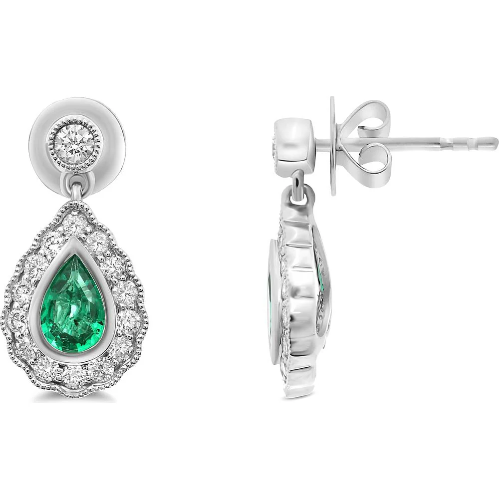 Roman & Jules - 18K White Gold Pear-Shaped Emerald and Diamond Halo Drop Earrings - 0.80 Carat Emerald and 0.50 Carat Diamond Total Weight