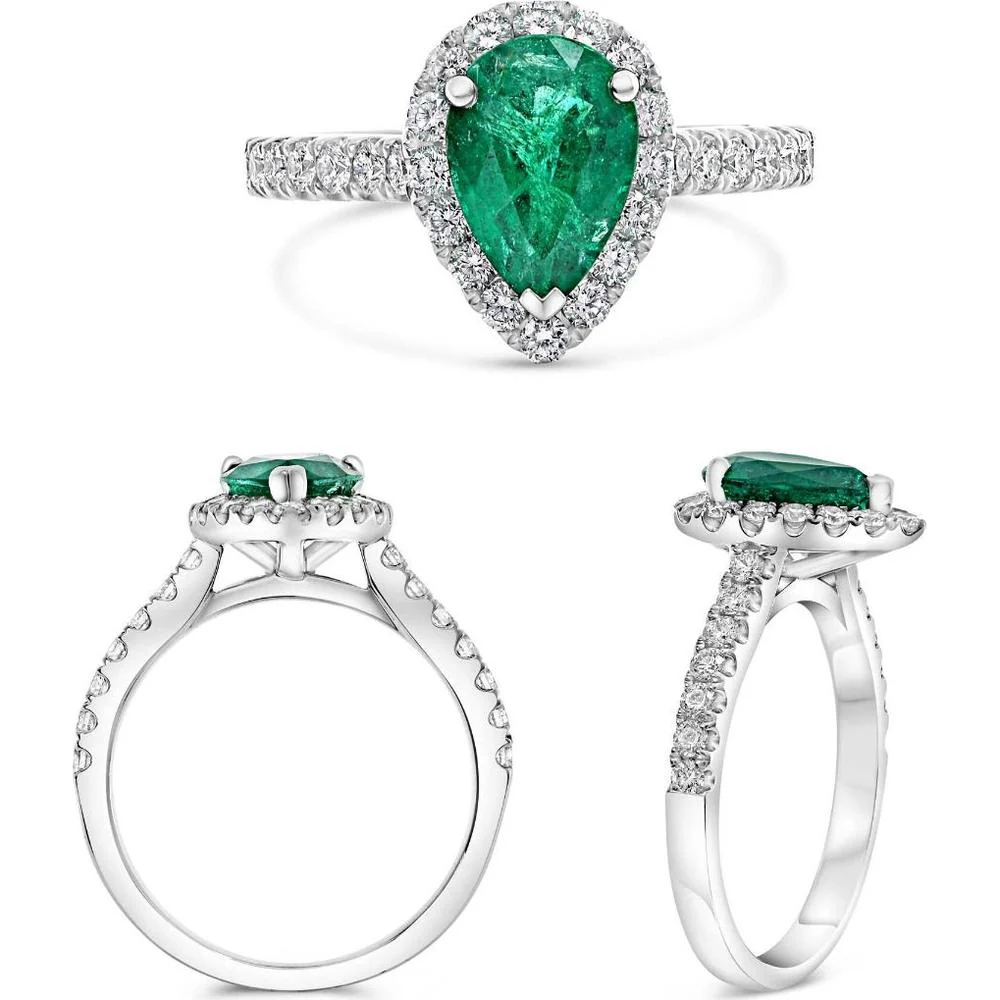 Roman & Jules - 18K White Gold Pear-Shaped Emerald Ring with Diamond Halo - 1.32 Carat Emerald and 0.59 Carat Diamond Accents