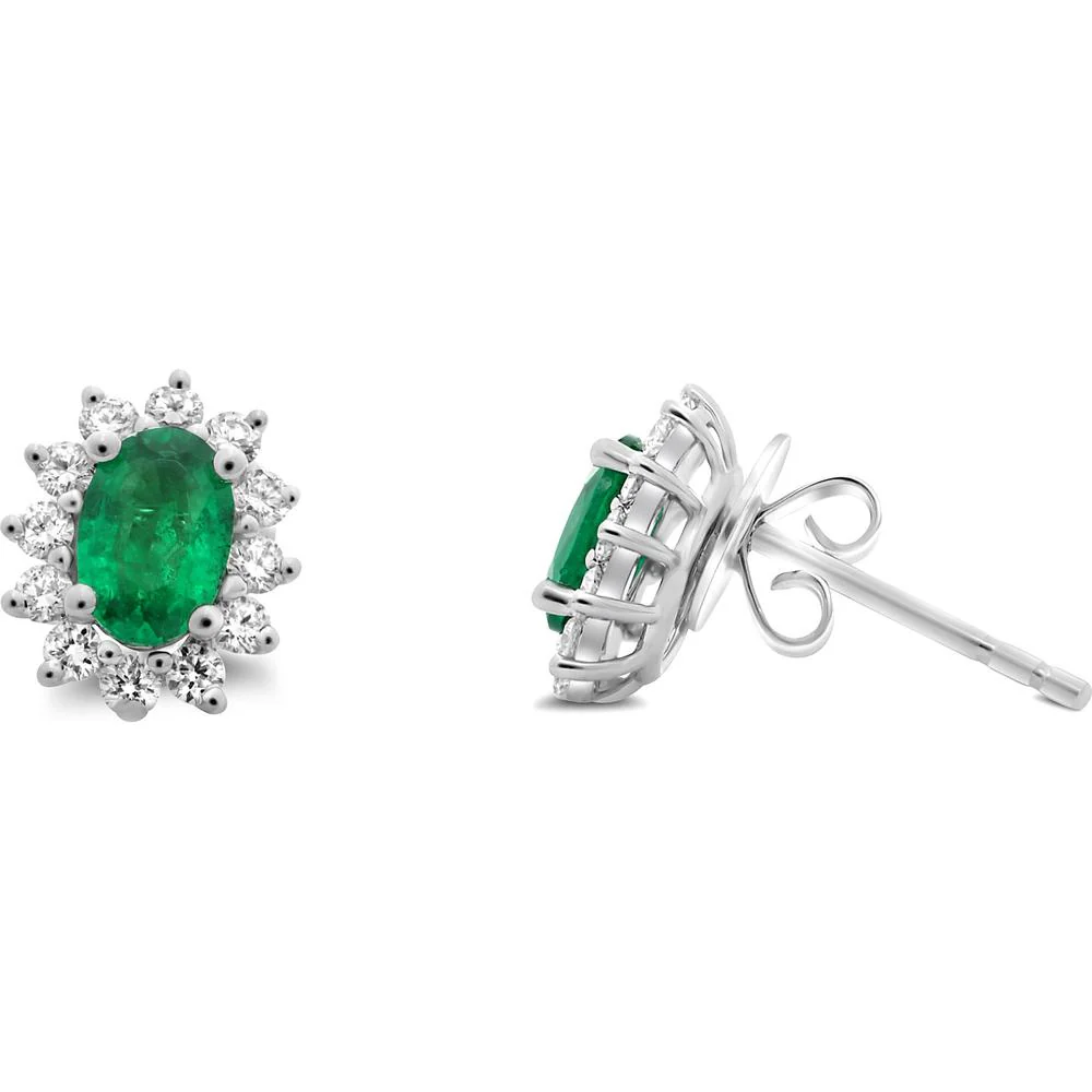 Roman & Jules - 18K White Gold Pear-Shaped Emerald Stud Earrings with Round Diamond Halo - 1.60 Carat Total Gem Weight