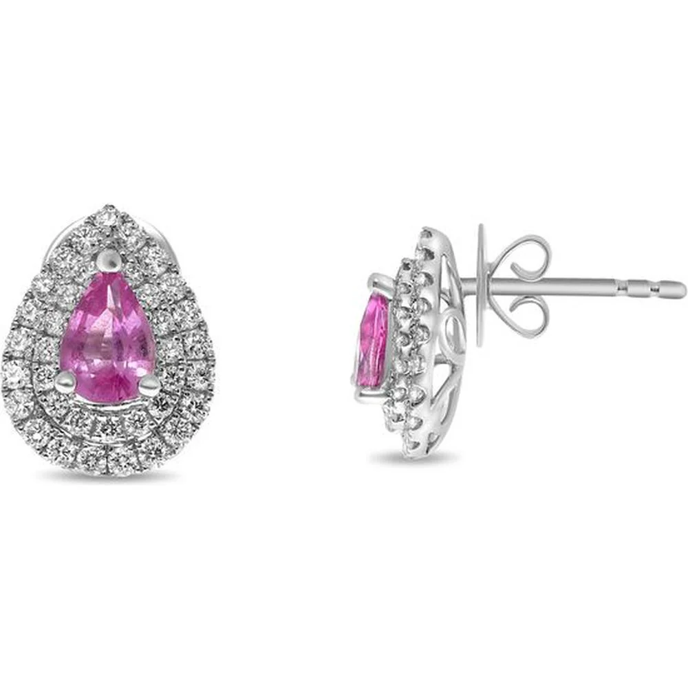 Roman & Jules - 18K White Gold Pear-Shaped Pink Sapphire and 0.46 Carat Diamond Halo Stud Earrings