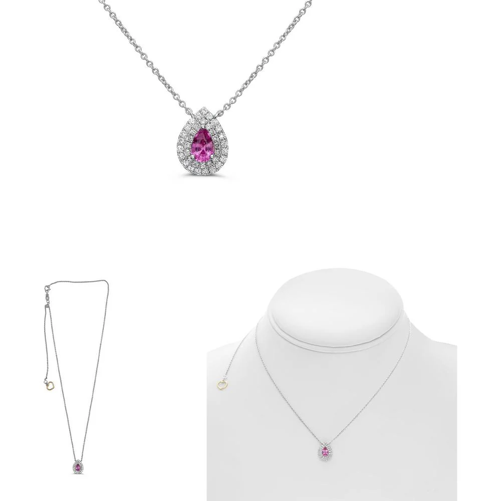 Roman & Jules - 18K White Gold Pear-Shaped Pink Sapphire Necklace with Double Diamond Halo - 0.49 Carat Pink Sapphire and 0.24 Carat Diamond Accent