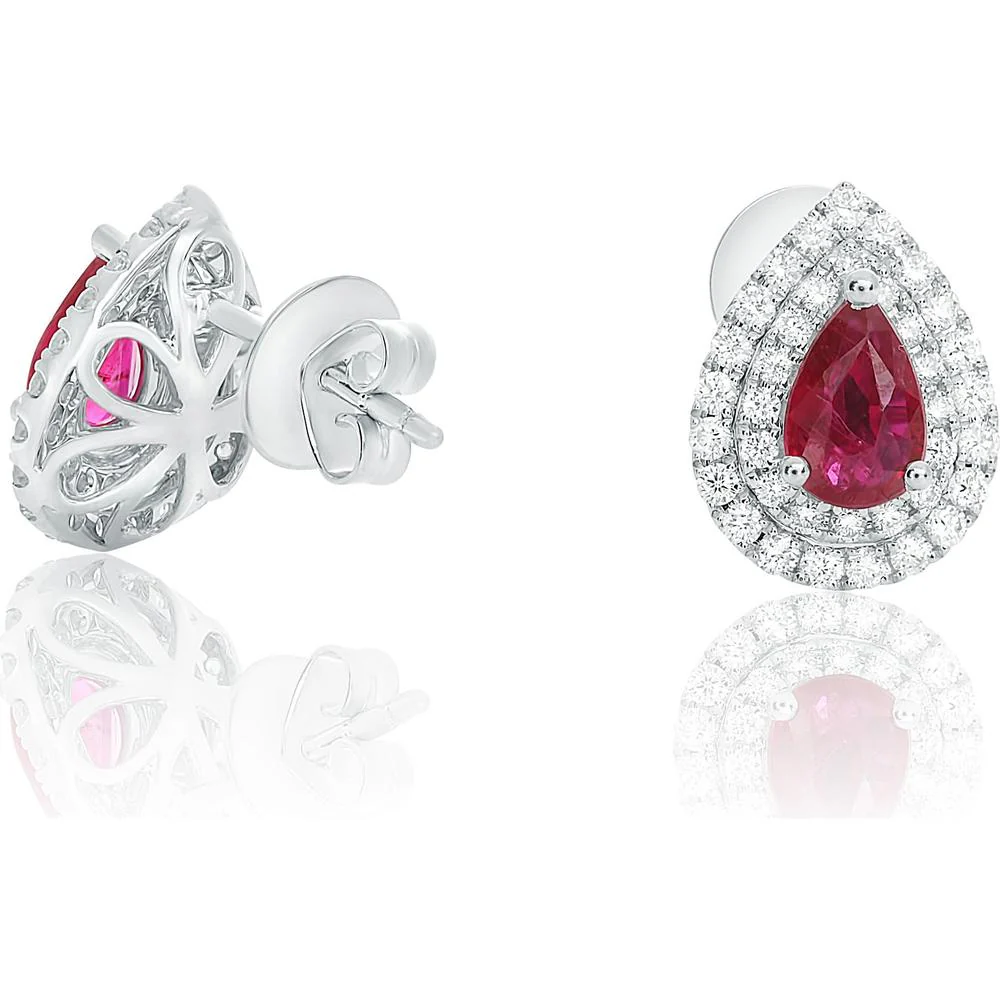 Roman & Jules - 18K White Gold Pear-Shaped Ruby and Diamond Halo Stud Earrings - 1.00 Carat Total Ruby Weight