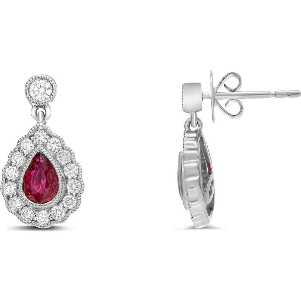 Roman & Jules - 18K White Gold Pear Shaped Ruby and Diamond Halo Stud Earrings - 1.48 Carat Total Gem Weight