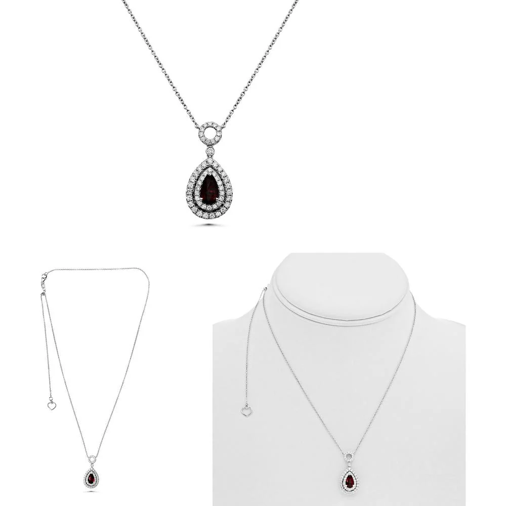 Roman & Jules - 18K White Gold Pear-Shaped Ruby Necklace with 0.57 Carat Round Diamonds and Double Center Design