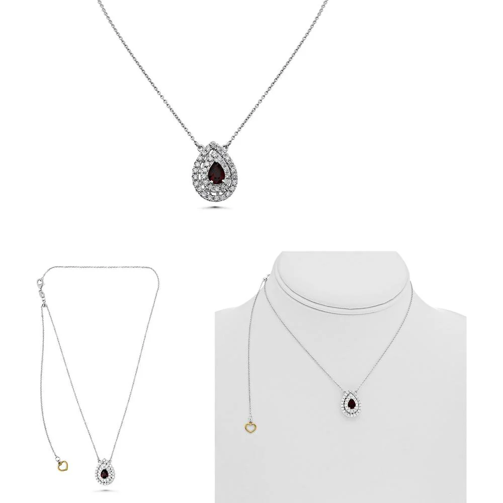 Roman & Jules - 18K White Gold Pear-Shaped Ruby Necklace with Diamond Halo - 0.58 Carat Total Diamond Weight