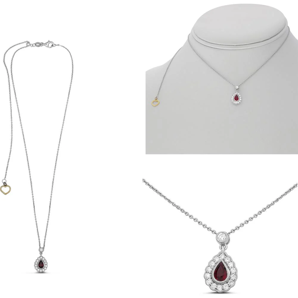 Roman & Jules - 18K White Gold Pear-Shaped Ruby Necklace with Halo of Round Diamonds - 0.47 Carat Total Diamond Weight