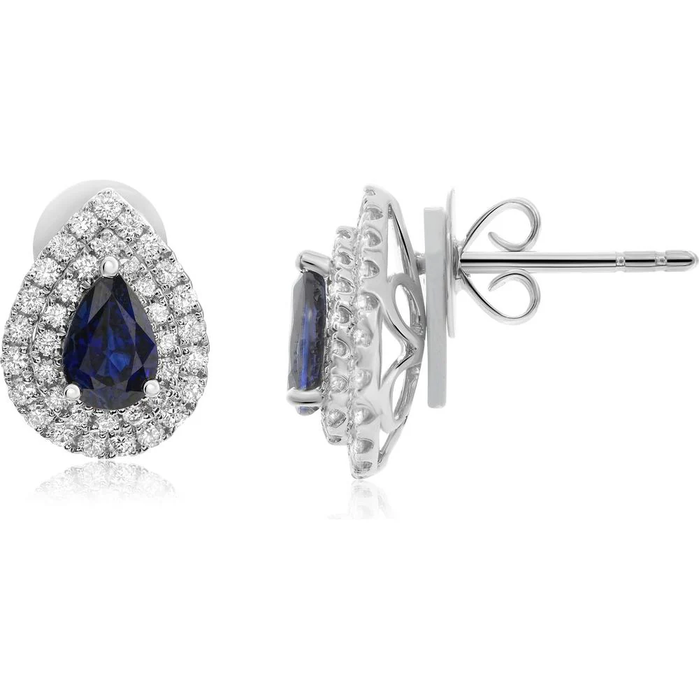 Roman & Jules - 18K White Gold Pear-Shaped Sapphire and 0.46 Carat Diamond Double-Halo Stud Earrings