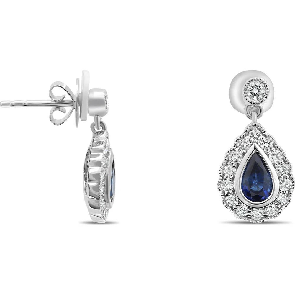 Roman & Jules - 18K White Gold Pear-Shaped Sapphire and 0.46 Carat Diamond Halo Drop Stud Earrings - 0.90 Carat Total Sapphire Weight