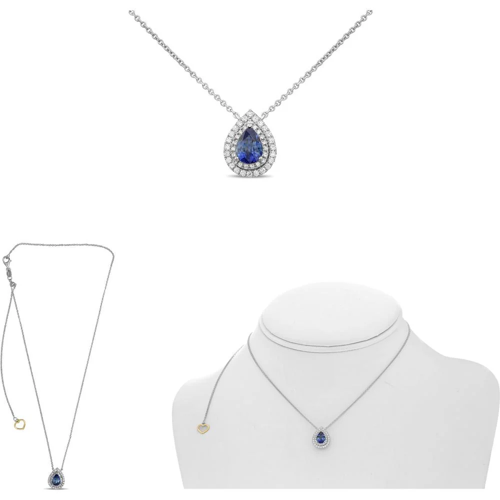 Roman & Jules - 18K White Gold Pear-Shaped Sapphire Double Halo Necklace with 1.20 Carat Sapphire and 0.26 Carat Round Diamonds