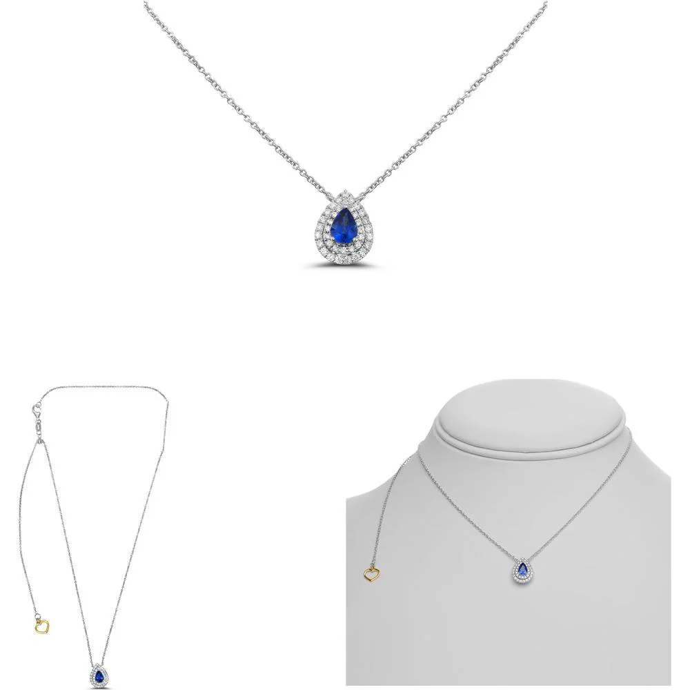 Roman & Jules - 18K White Gold Pear-Shaped Sapphire Necklace with Round Diamond Halo - 0.23 Carat Total Diamond Weight