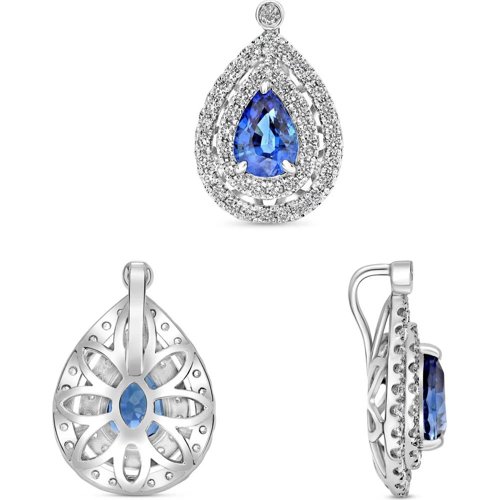 Roman & Jules - 18K White Gold Pear-Shaped Sapphire Pendant with Double Diamond Halo - 1.39 Carat Sapphire and 0.36 Carat Diamond Accents