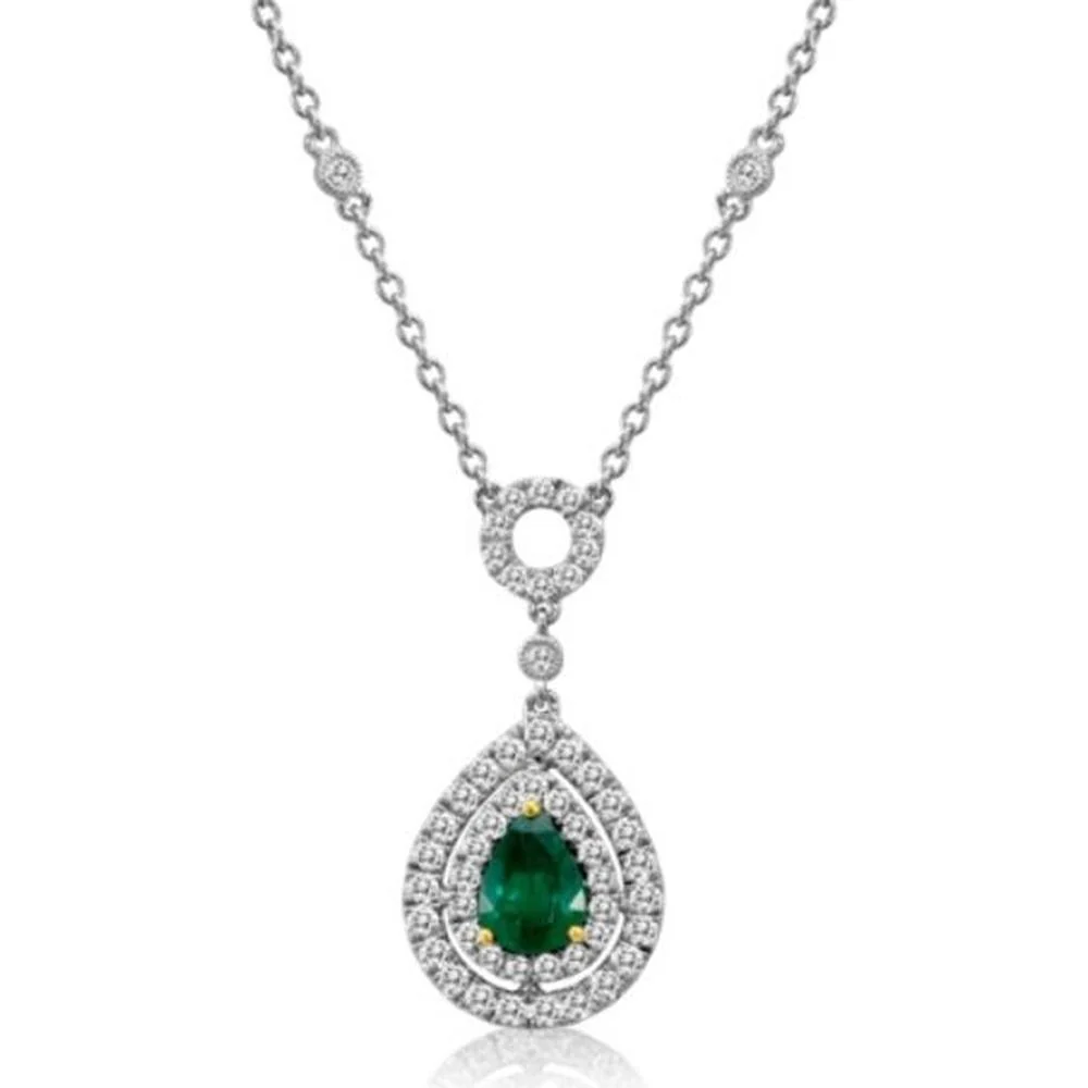 Roman & Jules - 18K White Gold Pendant Necklace with Pear-Shaped Emerald and Diamond Halo - 0.92 Carat Total Gemstone Weight