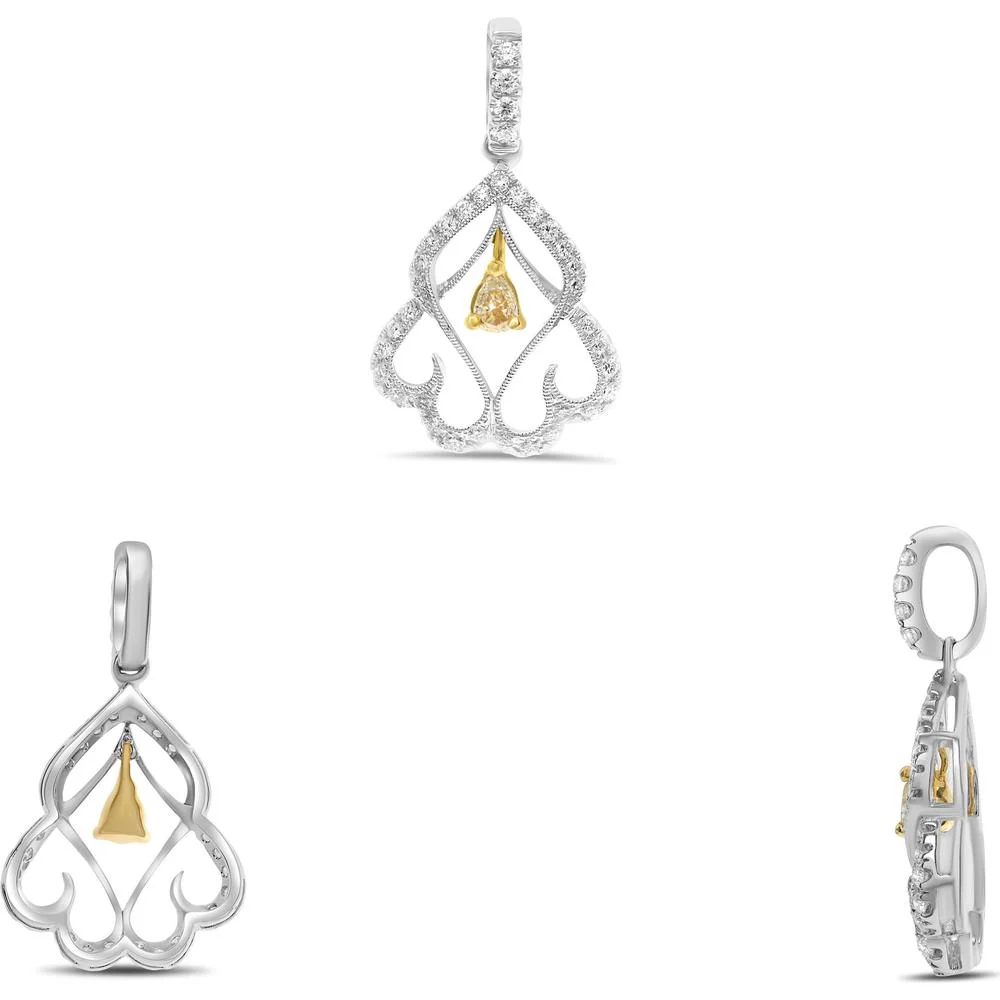 Roman & Jules - 18K White Gold Pendant with Fancy Yellow Pear Shape Diamond and Diamond Halo - 0.51 Carat Total Diamond Weight