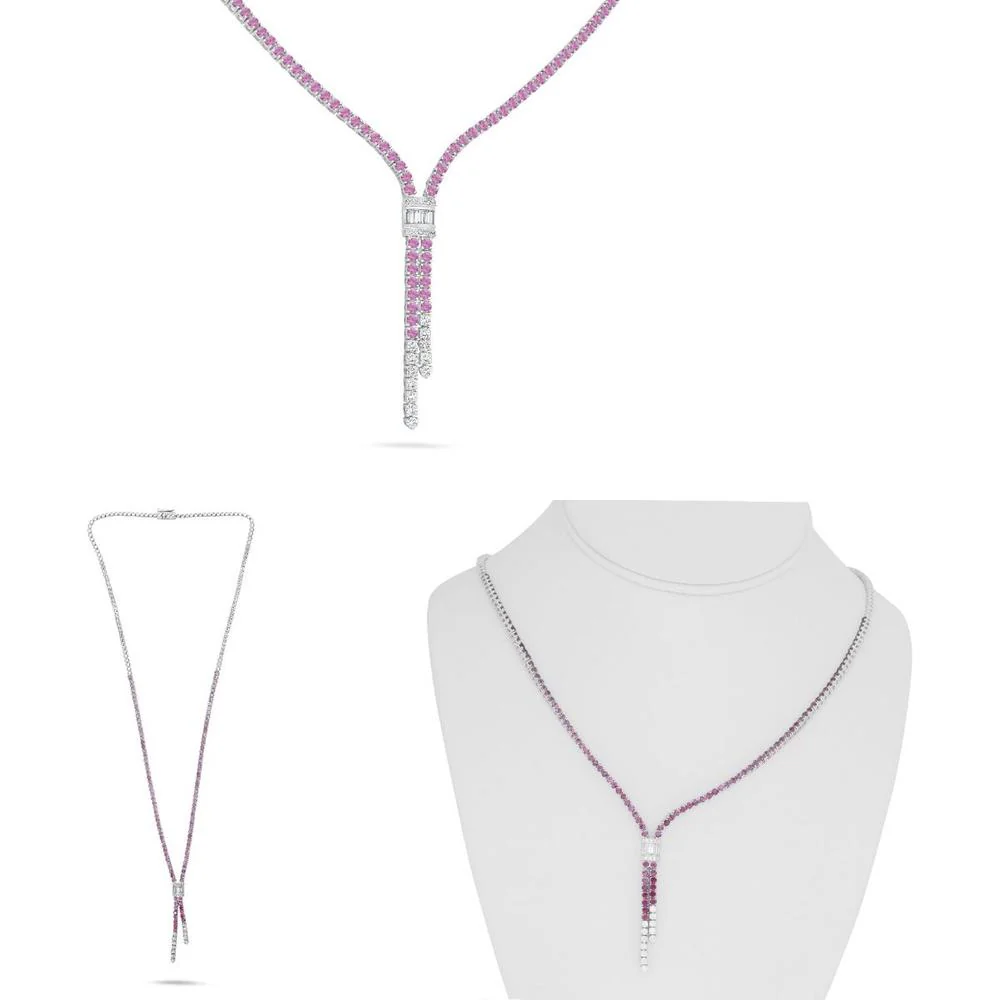 Roman & Jules - 18K White Gold Pink Sapphire Drop Necklace with Round and Baguette Diamonds - 4.60 Carat Total Gemstone Weight
