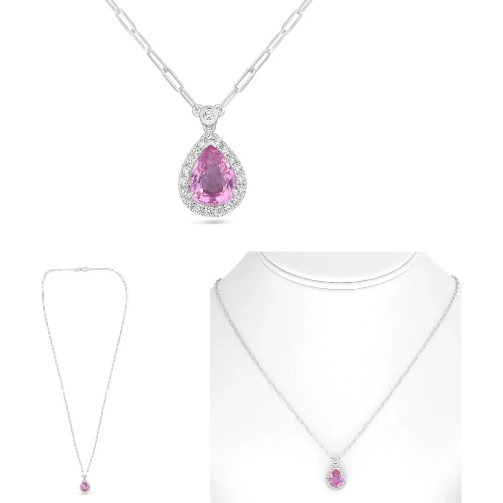 Roman & Jules - 18K White Gold Pink Sapphire Halo Pear Necklace with Round Diamond Accents - 1.81 Carat Total Pink Sapphire Weight