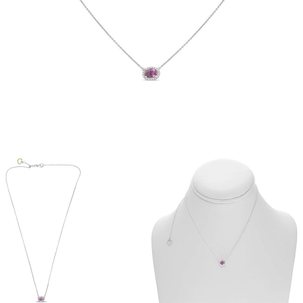 Roman & Jules - 18K White Gold Pink Sapphire Necklace with Diamond Halo - 0.09 Carat Total Diamond Weight