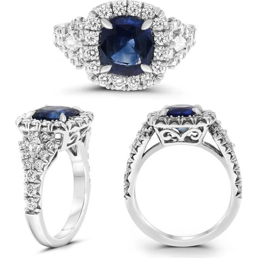 Roman & Jules - 18K White Gold Prong Set Sapphire and Round Diamond Halo Ring - 2.69 Carat Sapphire, 1.16 Carat Round Diamonds