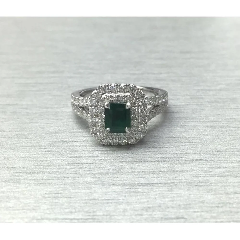 Roman & Jules - 18K White Gold Radiant Emerald Ring with Diamond Halo - 0.82 Carat Emerald, 0.89 Carat Total Diamond Weight