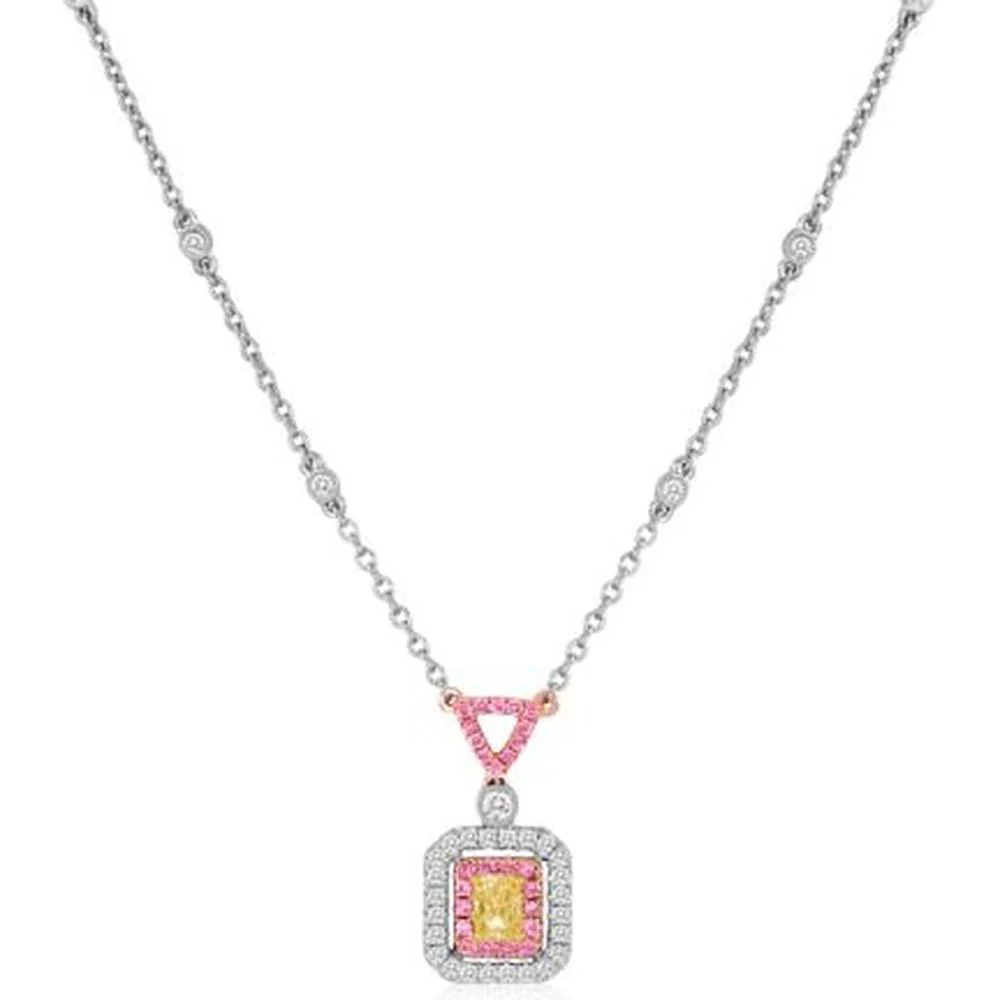 Roman & Jules - 18K White Gold Radiant Fancy Yellow Diamond Necklace with Pink Diamonds - 0.48 Carat Total Diamond Weight