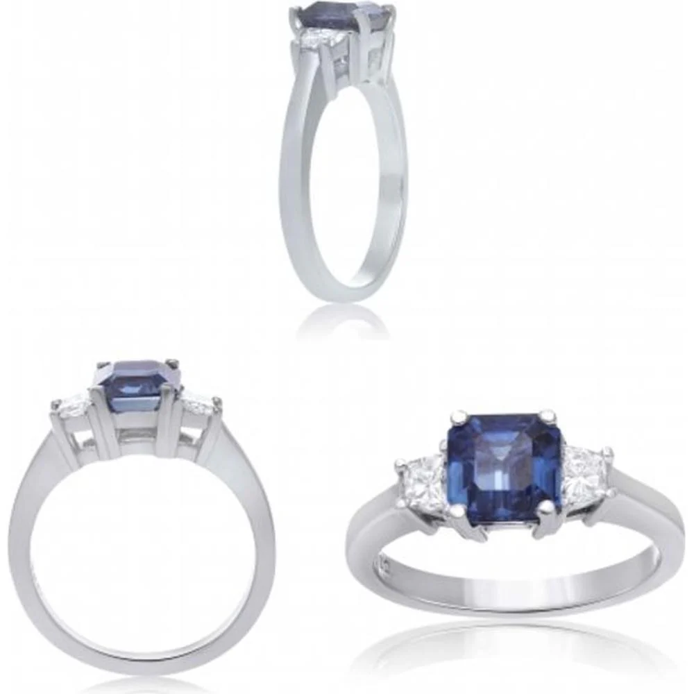 Roman & Jules - 18K White Gold Radiant Sapphire Ring with Diamond Accents - 2.17 Carat Sapphire and 0.40 Carat Diamond Total Weight